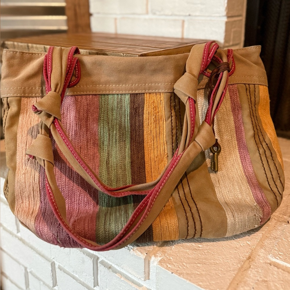 Fossil vegan boho tan multi-stripe canvas tote bag